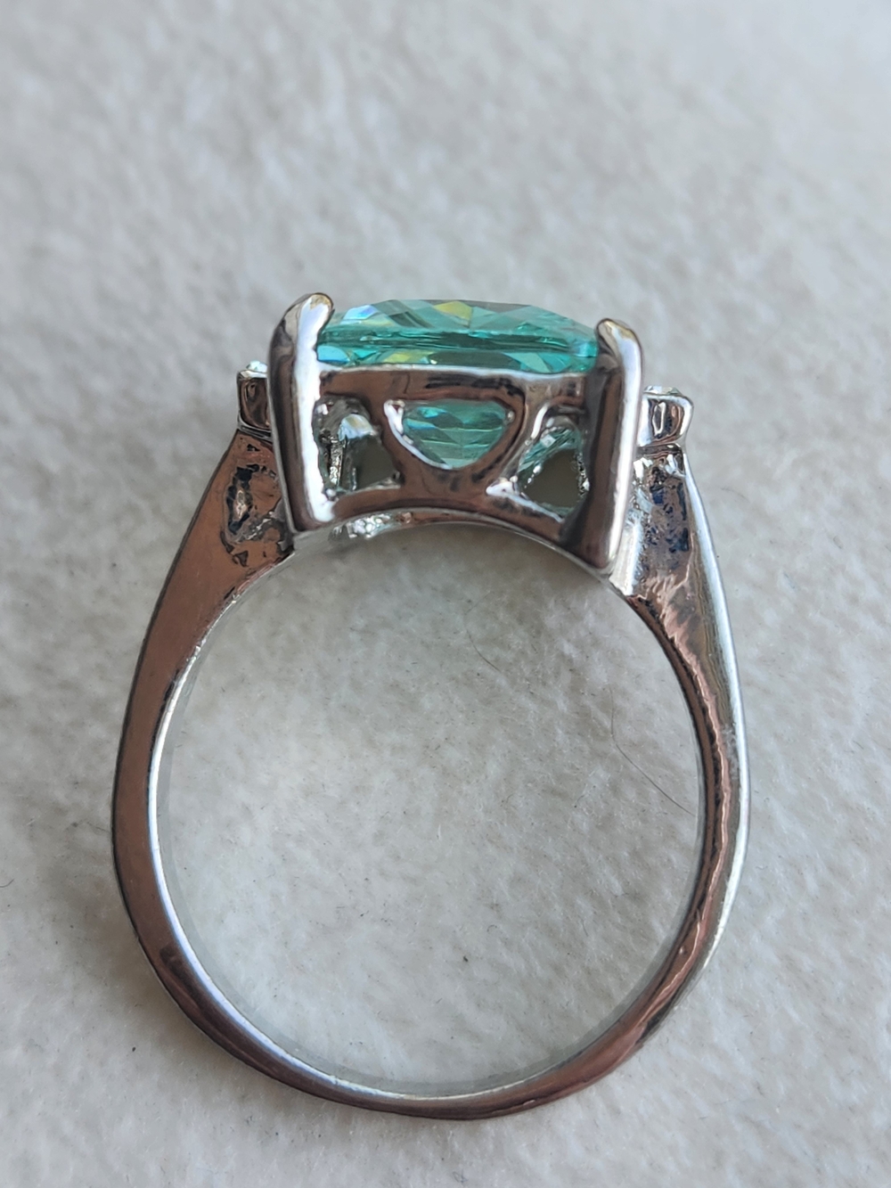 Vintage 925 Sterling Silver Statement Ring Aqua Blue Emerald-Cut Glass Stone 9.7 - Picture 4 of 8